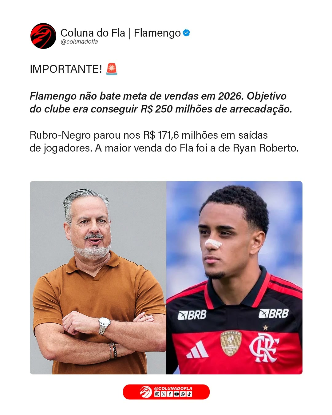 Card da Coluna do Fla sobre a meta de vendas